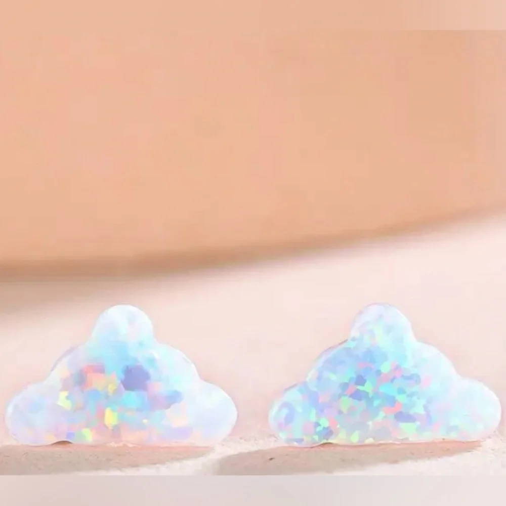 White Opal Cloud~ Rainbow Flash Iridescent Glittery Cumulus Sky Weather 925 Stud